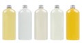 Assortment of plastic tall bottles with fresh drink of different pastel pale colors or cosmetic essential oil, silver cap mockup.