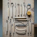 Assortment of pottery tools arranged on a wooden surface. Various loop tools with wooden handles Royalty Free Stock Photo