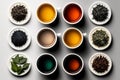 Assortment of Premium Black, Red, and Green Tea, Chinese Oolong Tea with Ginseng, and Brewed Tea in a Cup. Various Tea Varieties