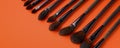 Assortment of Professional Makeup Brushes on a Vibrant Orange Background, Beauty Tools Concept