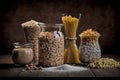 Assortment of raw cereals, grains and pasta in glass jars on wooden table. Healthy cooking, clean eating, zero waste concept.