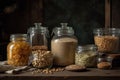 Assortment of raw grains cereals and pasta in glass jars, concept of Food Variety, created with Generative AI technology