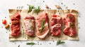 Assortment of Raw Meats on Parchment Paper with Herbs. Top View, Culinary Composition for Meal Prep. Creative Royalty Free Stock Photo