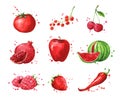 Assortment of red foods, watercolor fruit and vegtables Royalty Free Stock Photo