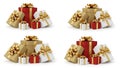 Assortment of Red White and Gold Gift Boxes with Gold Ribbons on White Background present Royalty Free Stock Photo