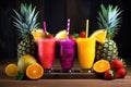 Assortment of refreshing fruit cocktails and soft summer drinks on a rustic wooden bar
