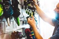 Assortment roller skates isolated in store shop, person choosing and buy color roller-skates on backgraund sun flare, healthy and Royalty Free Stock Photo