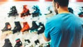 Assortment roller skates isolated in store shop, person choosing and buy color roller-skates on backgraund sun flare, healthy Royalty Free Stock Photo