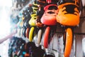 Assortment roller skates isolated in store shop, person choosing and buy color roller-skates on backgraund sun flare, healthy and Royalty Free Stock Photo