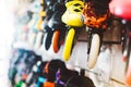 Assortment roller skates isolated in store shop, person choosing and buy color roller-skates on backgraund sun flare, healthy and Royalty Free Stock Photo