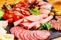 Assortment of salami prosciutto meats and sausages, olives and spices.Meat appetizer.Different types of sausages with Royalty Free Stock Photo