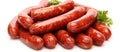 Assortment of sausages with parsley on white background Royalty Free Stock Photo