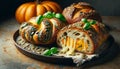 still life with pumpkin, savory breads, cheese-stuffed braid and a whole wheat loaf, seeds and herbs. Generative AI