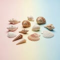 An assortment of seashells arranged on a soft pastel backdrop, transitio Royalty Free Stock Photo