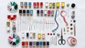 Multiple colorful thread spools are aligned in rows showcasing a range Royalty Free Stock Photo