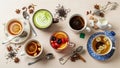 Assortment of six different tea beverages displayed on a light Royalty Free Stock Photo