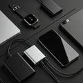 Assortment of sleek, modern gadgets on a dark background. Royalty Free Stock Photo