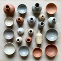 An assortment of small ceramic vessels displayed on a light wooden Royalty Free Stock Photo