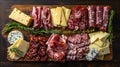 Assortment snacks with cheeses, smoked meats and herbs