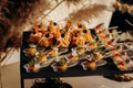 Assortment of delicious snacks on the open buffet festive table in restaurant. Catering plate