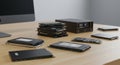 Assortment of solid-state drives (SSDs) arranged on a wooden desk. The SSDs vary i Royalty Free Stock Photo