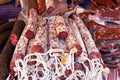 Assortment Of Spanish Meat Sausages Salchichon, Fuet, Chorizo For Sale At Sineu Market, Majorca
