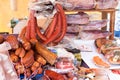 Assortment of Spanish meat sausages for sale at Sineu market