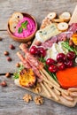 Assortment of spanish tapas or italian antipasti with hummus Royalty Free Stock Photo