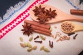 Assortment spice star anise, cinnamon sticks, cardamon, cloves and coriander