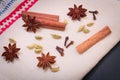 Assortment spice star anise, cinnamon sticks, cardamon seed and cloves