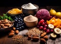 Assortment with spices dried fruit and carbohydrates,fruits and vegetables