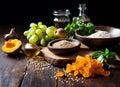 Assortment with spices dried fruit and carbohydrates,fruits and vegetables