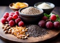 Assortment with spices dried fruit and carbohydrates,fruits and vegetables