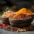 Assortment of spices and herbs in rustic bowls for culinary applications Royalty Free Stock Photo