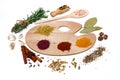 Assortment of spices on a polish for artist paints, on a white background, top view, horizontal, no peope Royalty Free Stock Photo