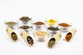 Assortment of spices in wooden spoons and glass bowls isolated on white background Royalty Free Stock Photo