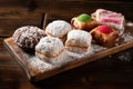 an assortment of sugar dusted pastries on a rustic wooden background