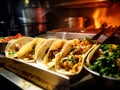 Assortment of tacos on a kitchen counter with the oven in the background. AI-generated.