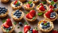 assortment tartlets cream, strawberries, cake blueberries natural nutrient portion party