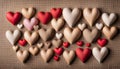 Assortment of Textured Hearts on Woven Background