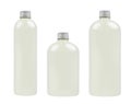 Assortment of three plastic tall, low and thick bottles with pale fresh drink or cosmetic essential oil, silver cap mockup.