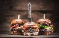 Assortment of three various burgers ready to be plated, with a dark wooden background