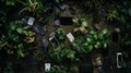 Assortment of thriving plants, intermingled with an array of sleek cell phones, evoking a unique fusion of nature and