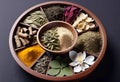 Assortment of traditional Chinese herbal medicines with blank copy space, traditional medicine, herbal medicine,