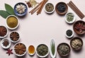 Assortment of traditional Chinese herbal medicines with blank copy space, traditional medicine, herbal medicine,