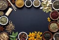 Assortment of traditional Chinese herbal medicines with blank copy space, traditional medicine, herbal medicine,