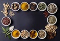 Assortment of traditional Chinese herbal medicines with blank copy space, traditional medicine, herbal medicine,