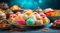 Assortment of traditional Indian sweets on plate with bokeh background. Concept of festive Indian sweets, traditional Royalty Free Stock Photo