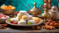 Assortment of traditional Indian sweets on plate with bokeh background. Concept of festive Indian sweets, traditional Royalty Free Stock Photo
