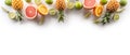 Assortment of tropical fruit and citruses on a white banner background Royalty Free Stock Photo
